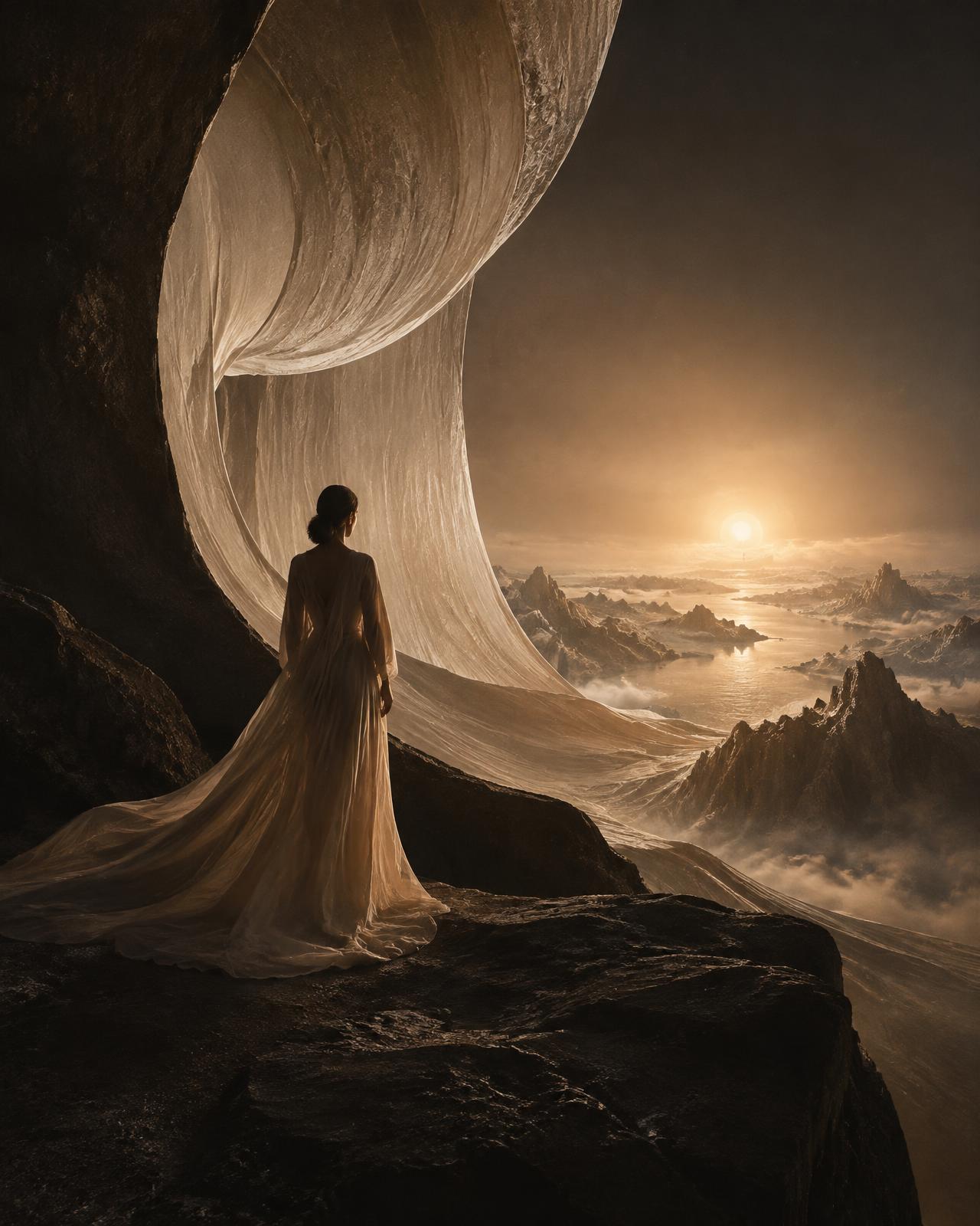 A luminous imagined world opening beyond a dark landscape