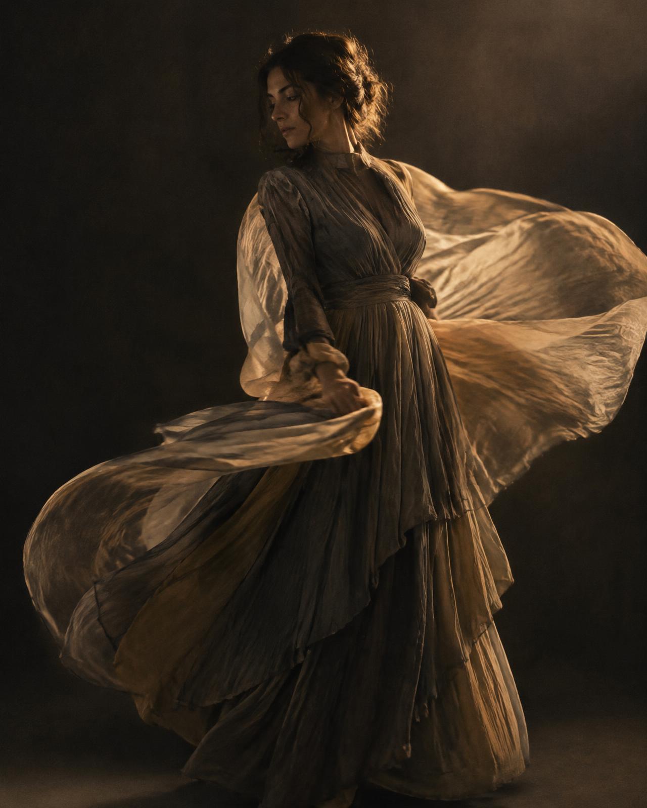 A woman moving through warm, flowing fabric