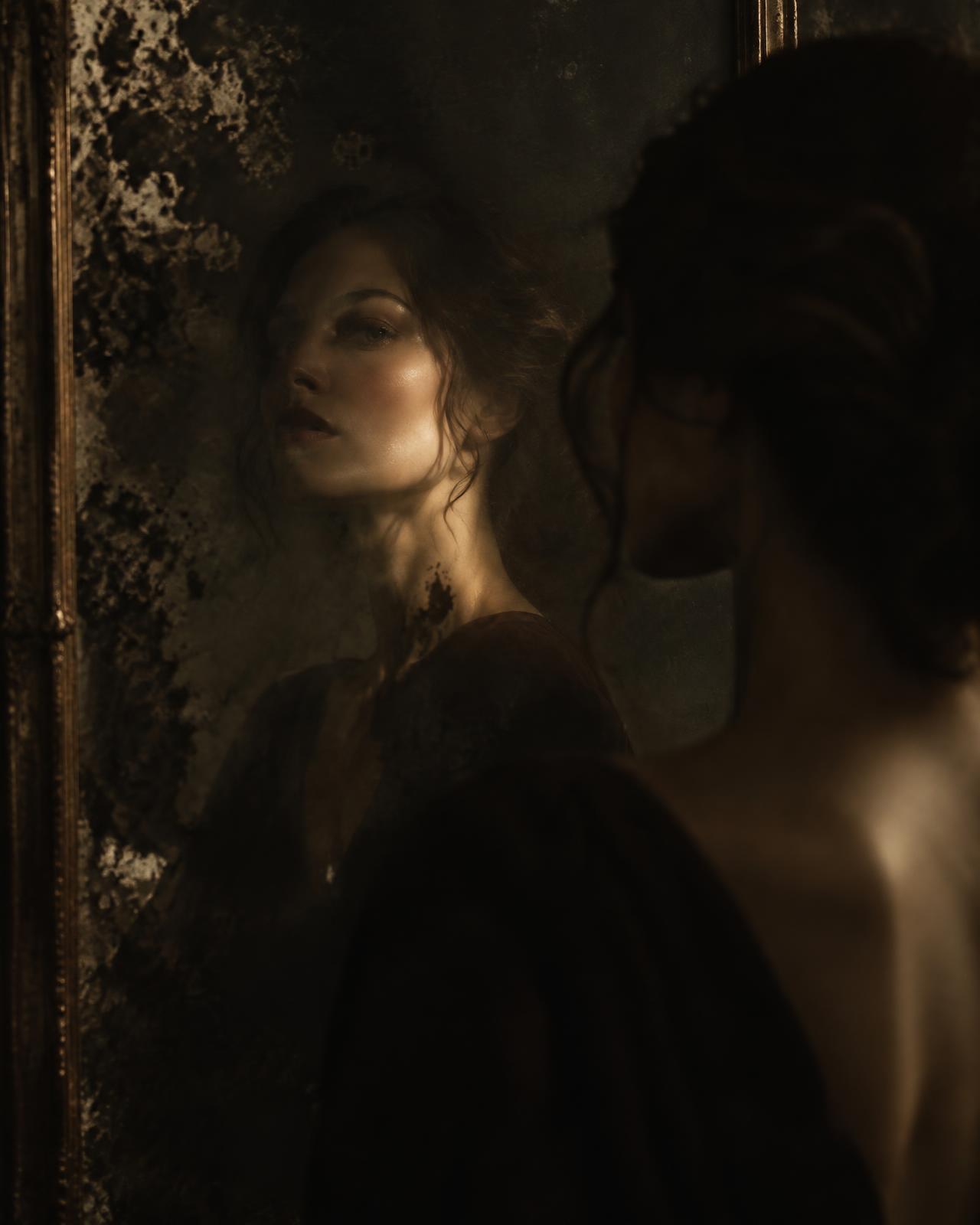 A woman meeting her reflection in an aged mirror